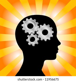 Gear symbol in the head of a thinking silhouette woman on a background of orange red rays.