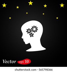 Gear symbol in the head of a thinking silhouette woman