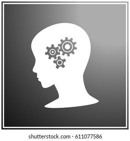 Gear symbol in the head of a thinking silhouette woman on a background