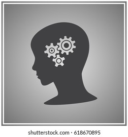 Gear symbol in the head of a thinking silhouette woman on a background