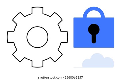 Gear symbol, a lock, and a cloud icon in black and blue monochrome. Ideal for technology security cloud computing data protection privacy and software settings themes. Modern, simple, clean style