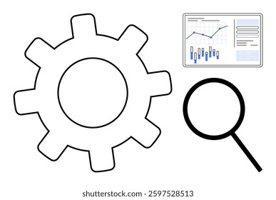 Gear symbol, magnifying glass, and data chart screen illustrating technical optimization, analysis, and improvement. Ideal for engineering, data science, technology, research, business efficiency