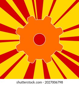 Símbolo del engranaje sobre un fondo de líneas radiales de explosión de flash rojo. El gran símbolo naranja se encuentra en el centro del sol, simbolizando la salida del sol. Ilustración del vector sobre fondo amarillo