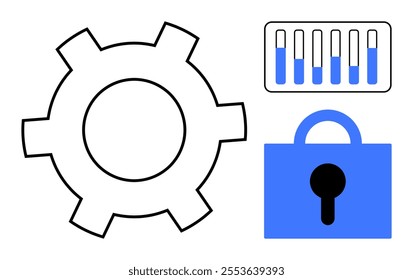 A gear symbolizing functionality, a lock indicating security, and a control panel representing optimization. Ideal for technology, engineering, security, machinery, control systems, and process