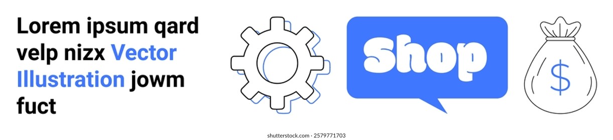 Gear symbolizing settings or development, blue speech bubble with Shop symbolizing business and e-commerce, dollar sign on money bag. Ideal for e-commerce, business development, retail, financial