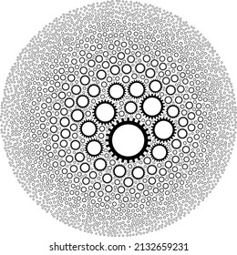 Gear symbols are composed into round collection. Gear icon round mosaic. Abstraction round globula mosaic created from gear icons.