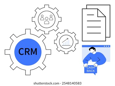 Gear symbols with CRM, people, and graph icons, documents, and person holding cash back text. Ideal for business, customer management, data analysis, financial rewards, organizational tools. Line art