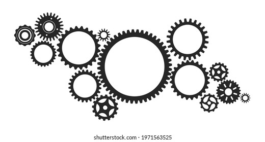 Gear system. Connected cogwheels systems, machine engine mechanism. Abstract technology structure with gears, cogs, wheels vector background. Planning and construction development concept