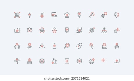 Gear system control, maintenance and repair, operation and settings modification line icon set. Cogwheel and tool, financial growth, tech support thin black and red outline symbols vector illustration