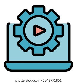Vector de contorno de icono del sistema de engranajes. Llamada de botón. Color plano del tutorial de vídeo