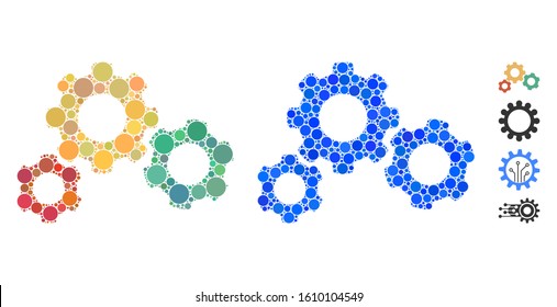 Gear system mosaic of spheric dots in variable sizes and color hues, based on gear system icon. Vector dots are combined into blue illustration. Dotted gear system icon in usual and blue versions.