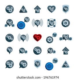 Gear system power development and progress theme unusual icons set, vector collection of special business and industrial symbols.