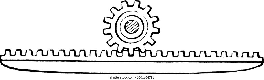 A gear system with a rack gear and small pinion gear, used to convert circular motion to rectilinear motion, vintage line drawing or engraving illustration.