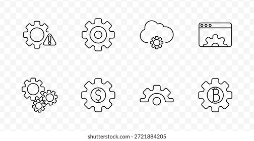 Gear system set icon. Warning, cloud, browser, grouped, dollar, bitcoin gear drawn in outlined style with transparent background - Powered by Shutterstock - Get 15% off with code: PIKWIZARD15