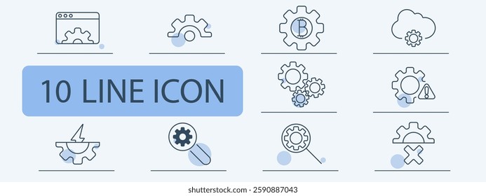 Gear system set icon. Website settings, mechanical adjustment, cryptocurrency, cloud processing, gear synchronization, system error, automation, repair, diagnostics, maintenance.