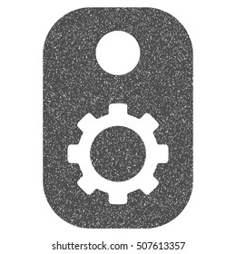 Gear Tag grainy textured icon for overlay watermark stamps. Flat symbol with scratched texture. Dotted vector gray ink rubber seal stamp with grunge design on a white background.