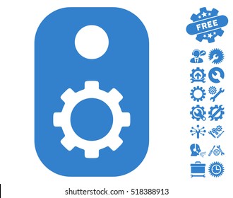Gear Tag icon with bonus configuration graphic icons. Vector illustration style is flat iconic cobalt symbols on white background.