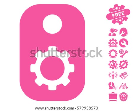 Gear Tag icon with bonus settings pictures. Vector illustration style is flat iconic pink symbols on white background.