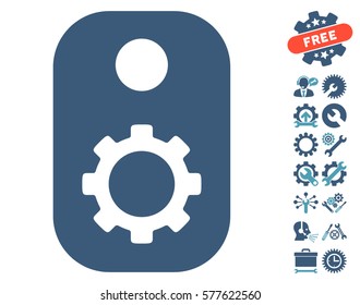 Gear Tag icon with bonus tools pictures. Vector illustration style is flat iconic cyan and blue symbols on white background.