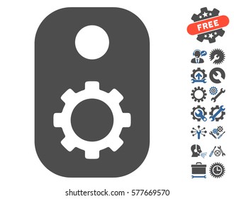 Gear Tag icon with bonus tools pictograph collection. Vector illustration style is flat iconic cobalt and gray symbols on white background.