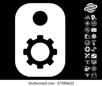 Gear Tag pictograph with bonus drone service clip art. Vector illustration style is flat iconic white symbols on black background.
