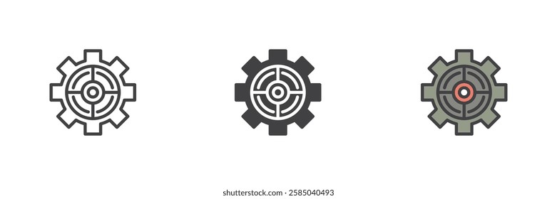 Gear with a target different style icon set. Line, glyph and filled outline colorful version, outline and filled vector sign. Symbol, logo illustration. Vector graphics