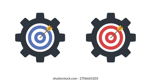 Engrenagem e ícone de alvo vetor. Estratégia de negócios, definição de metas, otimização e símbolo de sucesso de missão em design plano.
