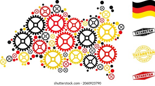 Gear Tatarstan map collage and seals. Vector collage is created of workshop items in different sizes, and Germany flag official colors - red, yellow, black.