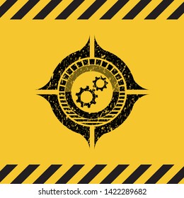 gear, team work icon black grunge emblem, yellow warning sign. Vector Illustration. Detailed.
