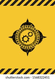 gear, team work icon black grunge emblem with yellow background. Vector Illustration. Detailed.