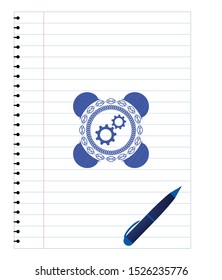 gear, team work icon draw (pen strokes). Blue ink. Vector Illustration. Detailed.