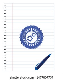 gear, team work icon drawn with pen. Blue ink. Vector Illustration. Detailed.