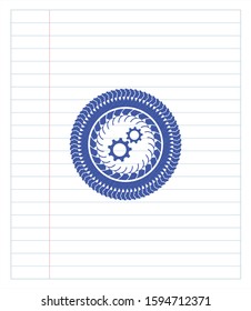 gear, team work icon drawn with pen strokes. Blue ink. Vector Illustration. Detailed.