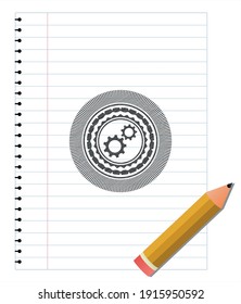 Ausrüstung, Team-Arbeit Symbol mit Bleistiftzächen gezogen. Vektorgrafik. Detaillierte Angaben. 