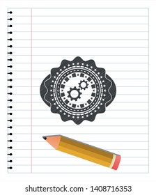 gear, team work icon emblem with pencil effect. Vector Illustration. Detailed.