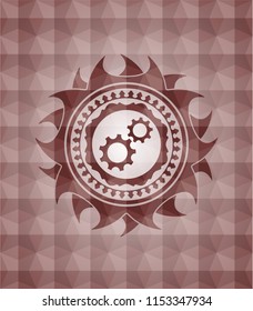 gear, team work icon inside red emblem or badge with geometric pattern background. Seamless.