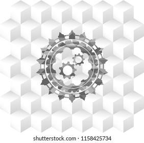 gear, team work icon inside realistic grey emblem with cube white background