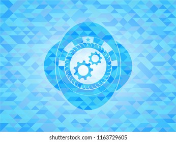 gear, team work icon inside realistic sky blue emblem. Mosaic background