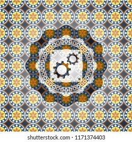 gear, team work icon inside arabesque style badge. arabic decoration.