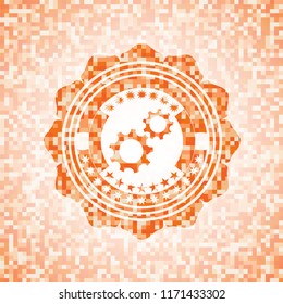 gear, team work icon inside orange mosaic emblem