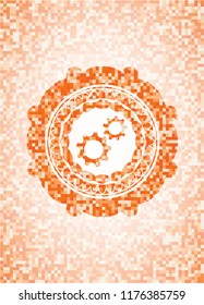 gear, team work icon inside abstract emblem, orange mosaic background