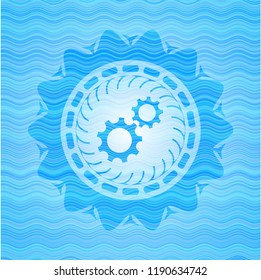 gear, team work icon inside water style emblem.