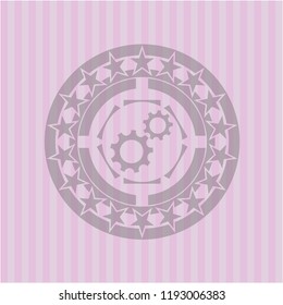 gear, team work icon inside pink emblem. Retro