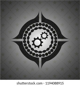 gear, team work icon inside dark badge