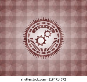 gear, team work icon inside red emblem with geometric background. Seamless.