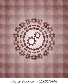 gear, team work icon inside red polygonal badge. Seamless.