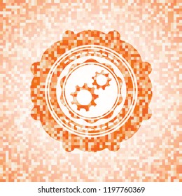 gear, team work icon inside orange mosaic emblem