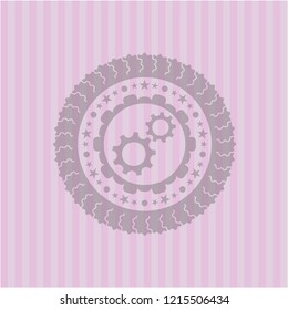 gear, team work icon inside pink emblem. Vintage.