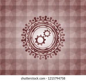 gear, team work icon inside red seamless emblem with geometric background.