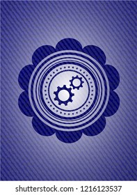 gear, team work icon inside jean or denim emblem or badge background